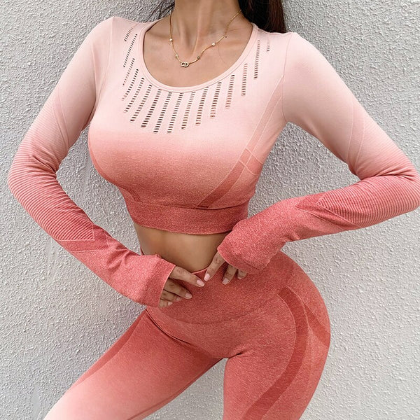 Ombre Women Seamless Yoga Set Workout Pants Long Sleeve Crop Top Fitness Leggings Sports Suits Gym Clothing Sportswear