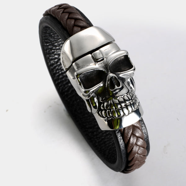 Men's stainless steel brown leather skull bracelet bangle biker jewelry gifts silver tone KL64 wholesale dropshipping 8.5" | Vimost Shop.