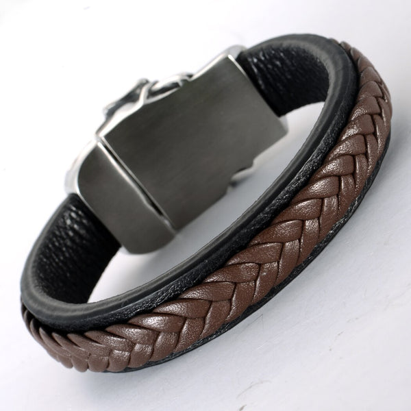 Men's stainless steel brown leather skull bracelet bangle biker jewelry gifts silver tone KL64 wholesale dropshipping 8.5