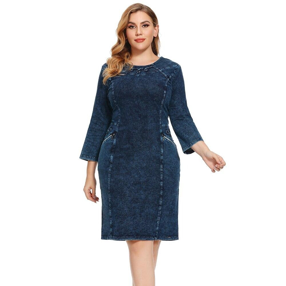 Women's Plus Size Autumn Casual Denim Dress Cotton Knitted Denim High Flexibility Slim Fit Dress Casual Fashion Dress