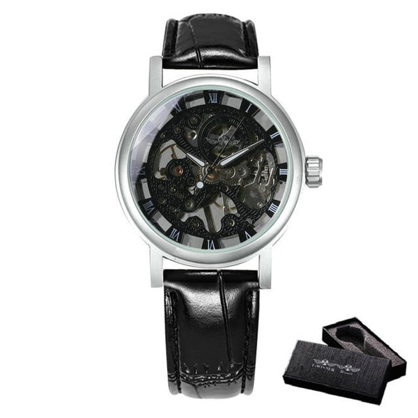 Vintage Automatic Mechanical Ladies Watch for Women Leather Strap Skeleton Mini Dial Skeleton Luminous Hands Wrist Watches