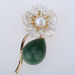 Womens Freshwater Pearl Aventurine CZ White Shell Flower Luxury Pin Brooch Pendant 2-in-1 Handmade Jewelry Gifts for Her