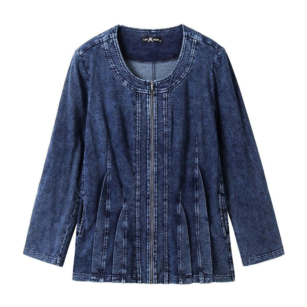 Women's Plus Size Autumn Casual Denim Jacket High Flexibility Cotton Knitted  Jacket