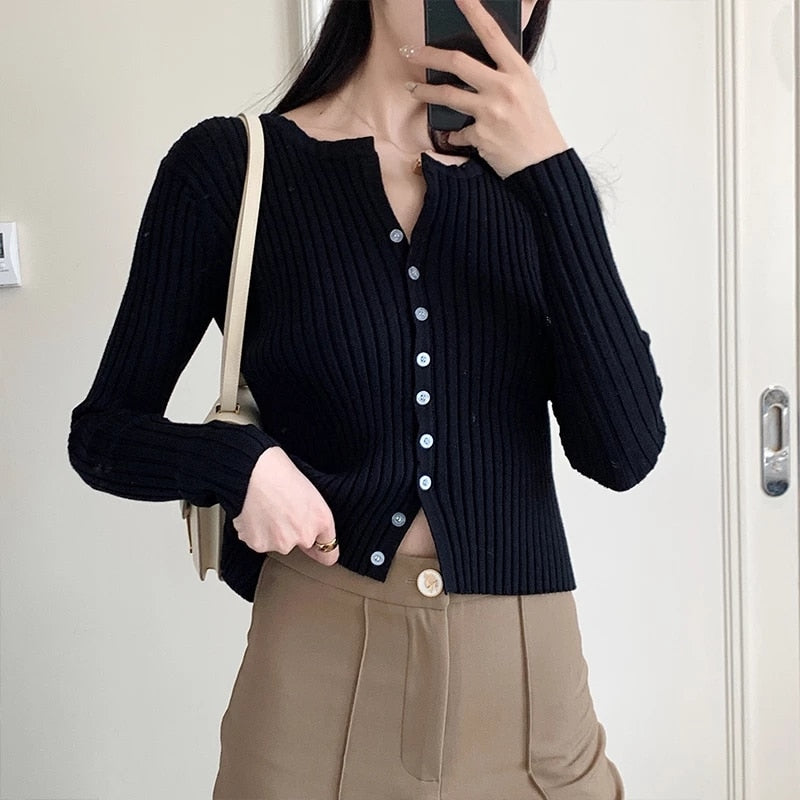 Women Button Up Ribbed Sweater Shirt Cropped Knit Cardigans Korean Knitting Crop Tops Streetwear