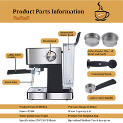 20 Bar Italian Type Espresso Coffee Maker Machine with Milk Frother Wand for Espresso, Cappuccino, Latte and Mocha