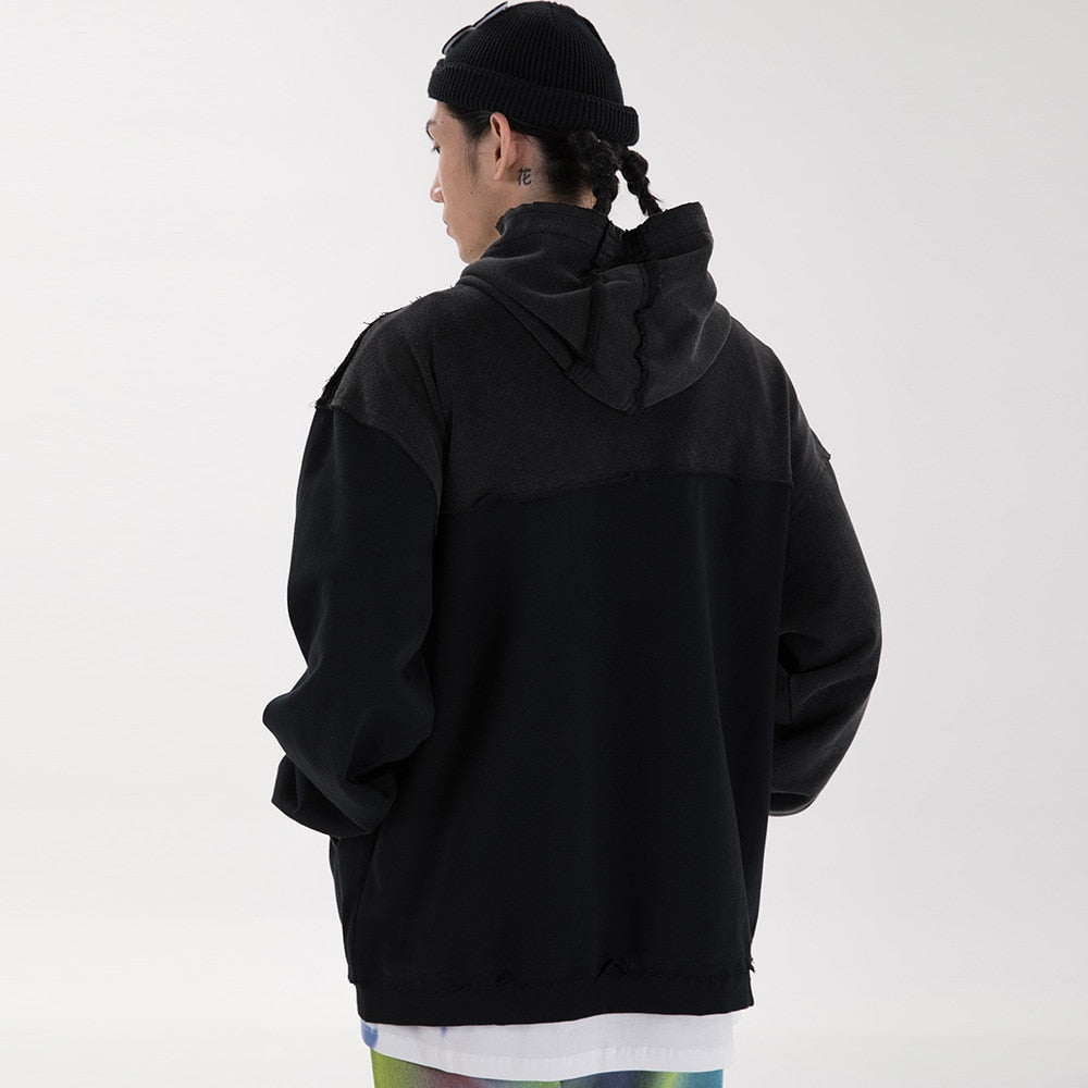 Patchwork Color Zipper Distressed Hoodie Men Casual Cozy Hooded Coats Harajuku High Street Sweatshirt Spring Streetwear