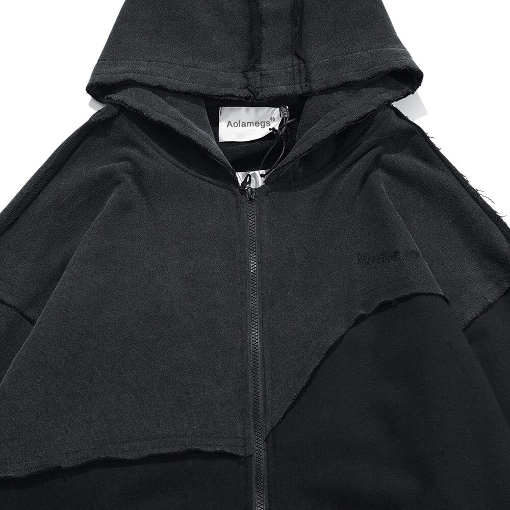 Patchwork Color Zipper Distressed Hoodie Men Casual Cozy Hooded Coats Harajuku High Street Sweatshirt Spring Streetwear