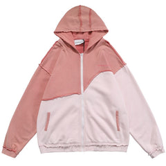 Patchwork Color Zipper Distressed Hoodie Men Casual Cozy Hooded Coats Harajuku High Street Sweatshirt Spring Streetwear