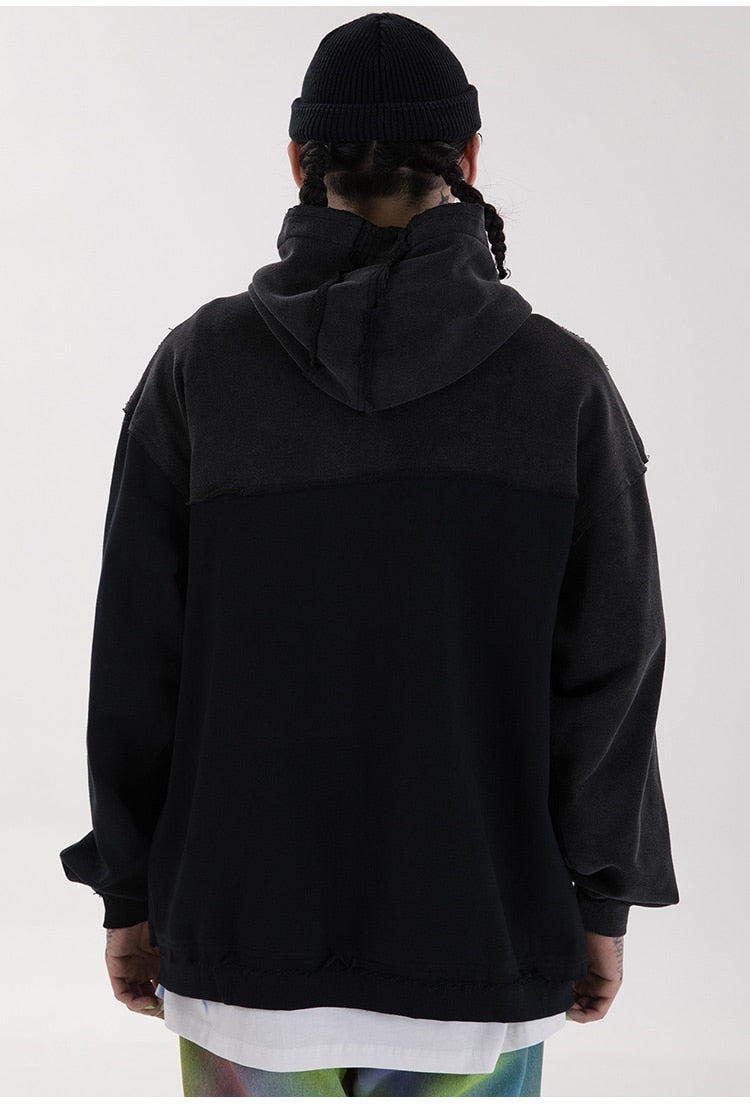 Patchwork Color Zipper Distressed Hoodie Men Casual Cozy Hooded Coats Harajuku High Street Sweatshirt Spring Streetwear