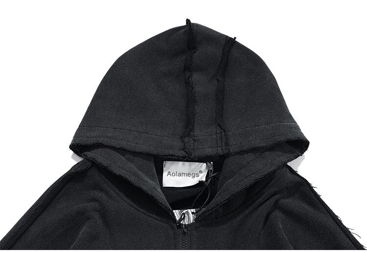 Patchwork Color Zipper Distressed Hoodie Men Casual Cozy Hooded Coats Harajuku High Street Sweatshirt Spring Streetwear