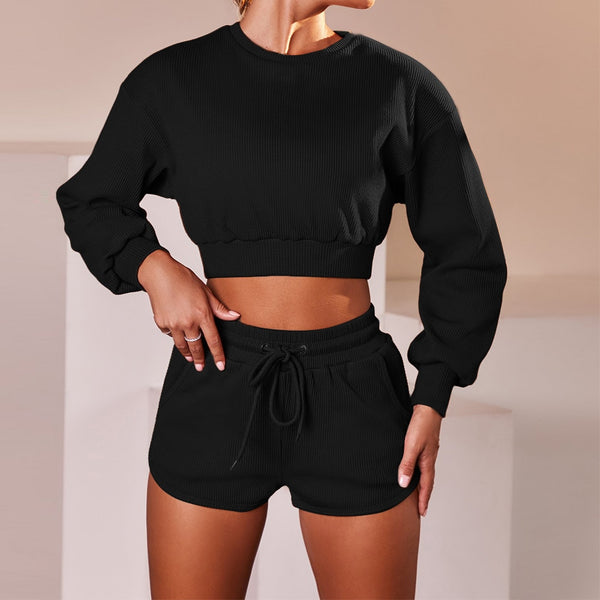 Autumn Solid Sporty Ribbed Tracksuit For Women Long Sleeve Crop Top Shorts Fashion Sportswear Casual Workout Running Jogging Set | Vimost Shop.