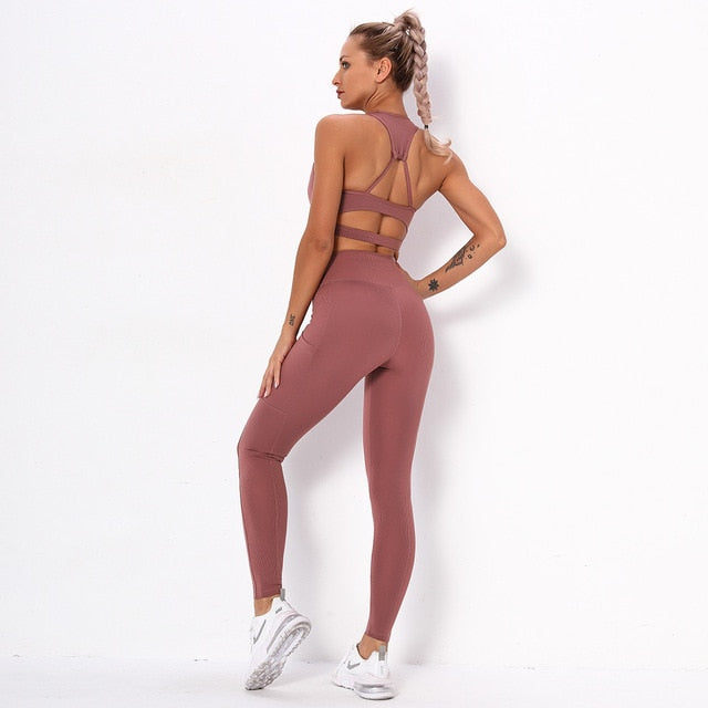 Seamless Sporty Yoga Suit GYM Fitness Workout Running Tracksuit Sports Sleeveless Crop Top Pants Set Jogging Dry Quick Set | Vimost Shop.
