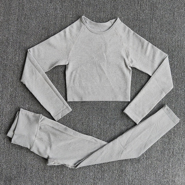 Women's Sportswear Yoga Set Workout Clothes Athletic Wear Sports Gym Legging Seamless Fitness Bra Crop Top Long Sleeve Yoga Suit