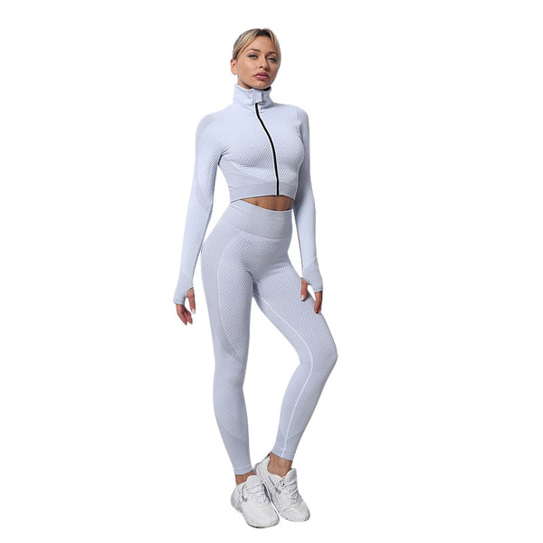Women Yoga 2/3PCS Seamless Zipper Yoga Suit GYM Workout Sportswear Fitness Clothing Fitness Long Sleeve Top High Waist Set | Vimost Shop.