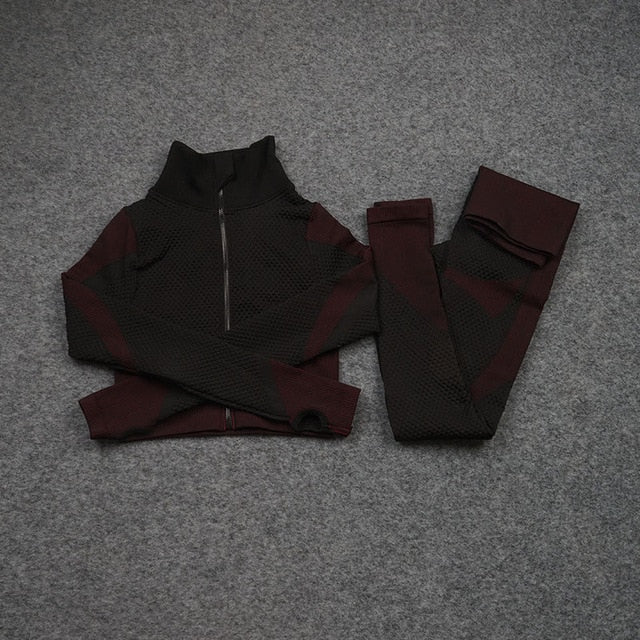 Women Yoga 2/3PCS Seamless Zipper Yoga Suit GYM Workout Sportswear Fitness Clothing Fitness Long Sleeve Top High Waist Set | Vimost Shop.