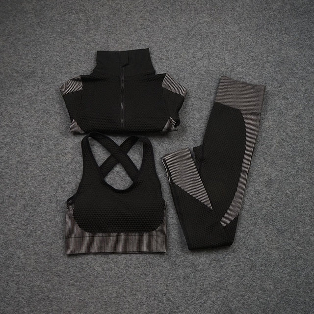 Women Yoga 2/3PCS Seamless Zipper Yoga Suit GYM Workout Sportswear Fitness Clothing Fitness Long Sleeve Top High Waist Set | Vimost Shop.