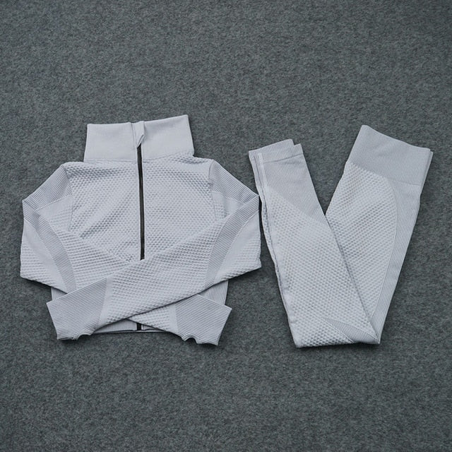 Women Yoga 2/3PCS Seamless Zipper Yoga Suit GYM Workout Sportswear Fitness Clothing Fitness Long Sleeve Top High Waist Set | Vimost Shop.