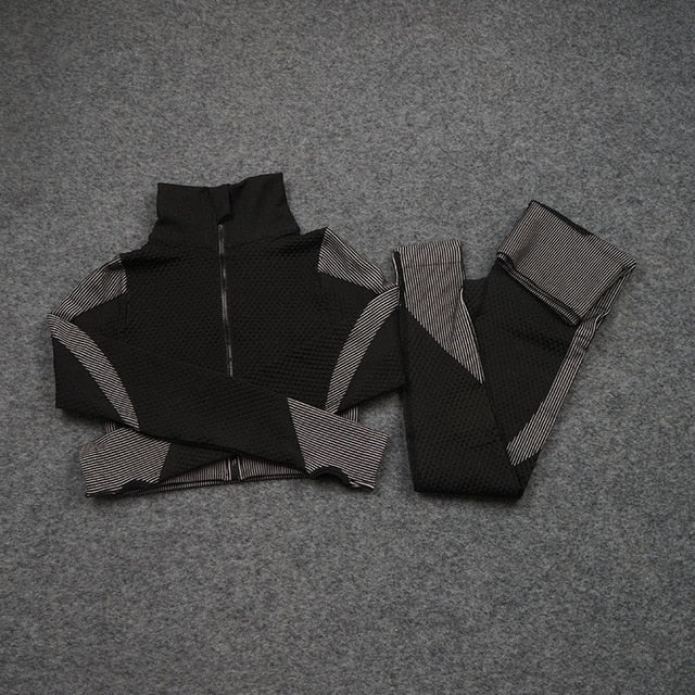 Women Yoga 2/3PCS Seamless Zipper Yoga Suit GYM Workout Sportswear Fitness Clothing Fitness Long Sleeve Top High Waist Set | Vimost Shop.