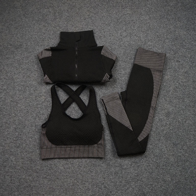 Women Yoga 2/3PCS Seamless Zipper Yoga Suit GYM Workout Sportswear Fitness Clothing Fitness Long Sleeve Top High Waist Set | Vimost Shop.