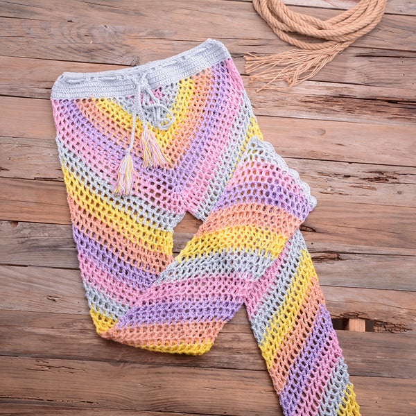 Women Sexy Colorful Crochet Bikini Pants Set Cover-up Sexy Tassel Beach See Through Wide Leg Pants Sea Trouser Bottoms Suit | Vimost Shop.