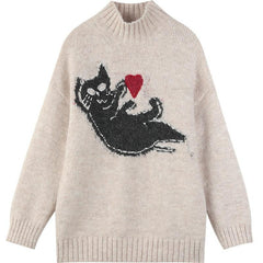 New Yew Cat Jacquard Casual Knit Pullover Sweater Women,Spring Vintage Full Sleeve Girly Basic Daily Warmness Top