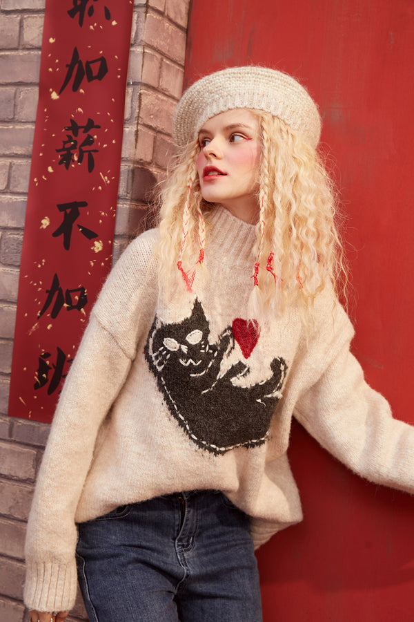 New Yew Cat Jacquard Casual Knit Pullover Sweater Women,Spring Vintage Full Sleeve Girly Basic Daily Warmness Top