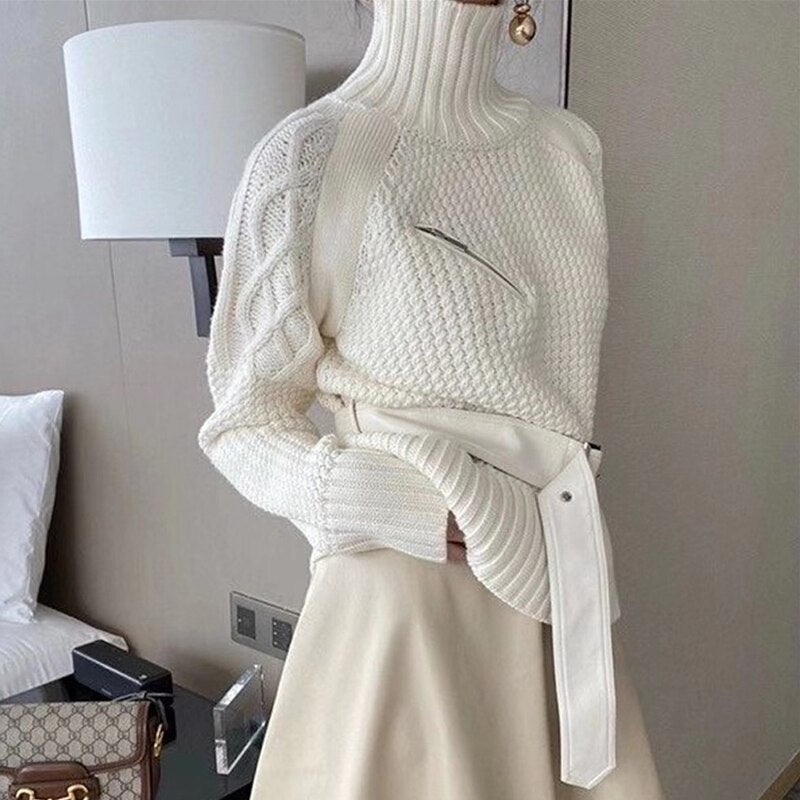Women Sweater Knitted Fashion Turtleneck Long Sleeve Belt Zipper Pocket Loose Fall Winter Warm Thick Casual Clothing Femme