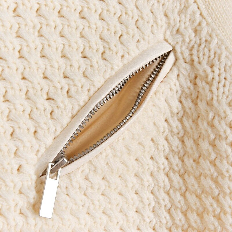 Women Sweater Knitted Fashion Turtleneck Long Sleeve Belt Zipper Pocket Loose Fall Winter Warm Thick Casual Clothing Femme