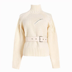 Women Sweater Knitted Fashion Turtleneck Long Sleeve Belt Zipper Pocket Loose Fall Winter Warm Thick Casual Clothing Femme