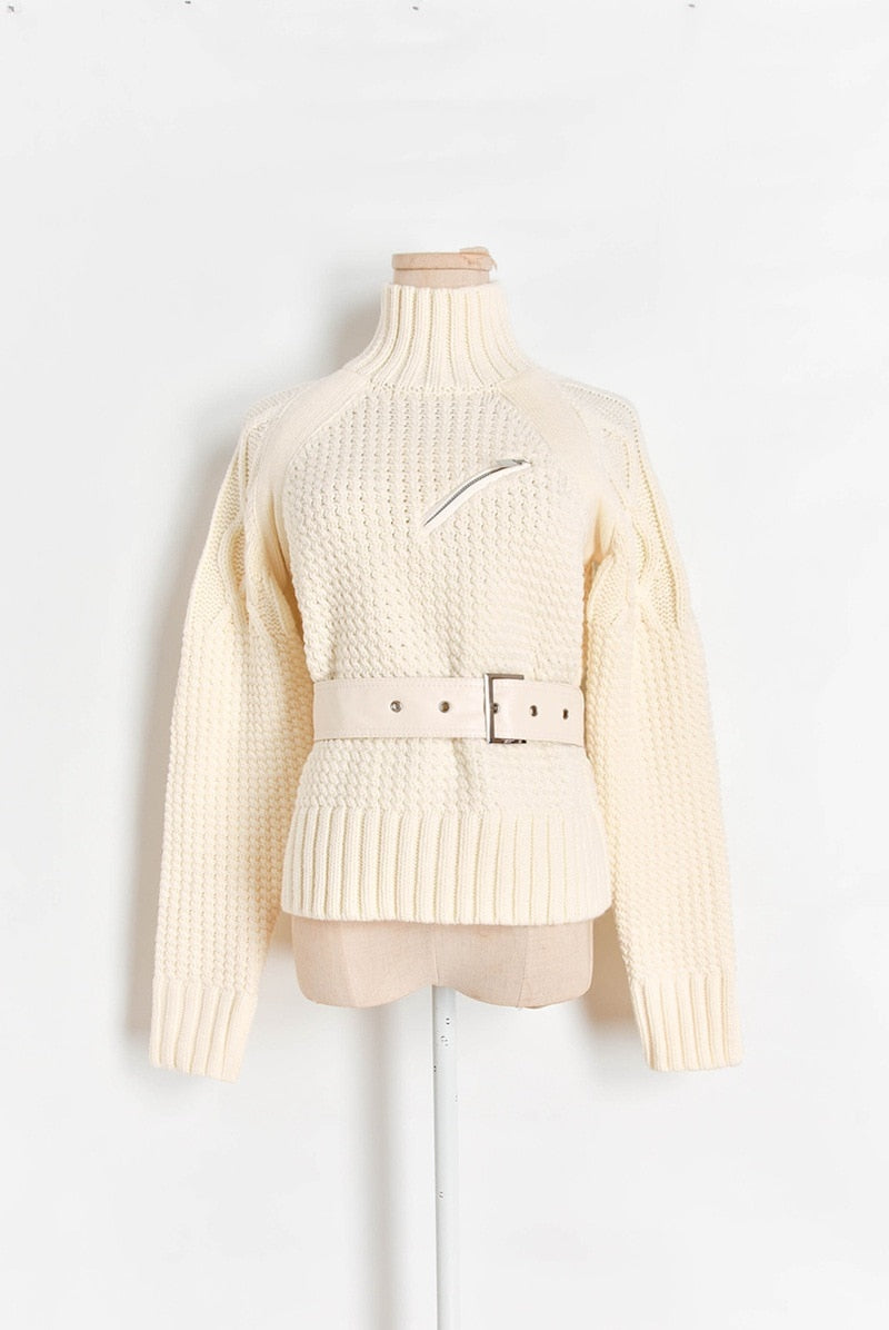 Women Sweater Knitted Fashion Turtleneck Long Sleeve Belt Zipper Pocket Loose Fall Winter Warm Thick Casual Clothing Femme