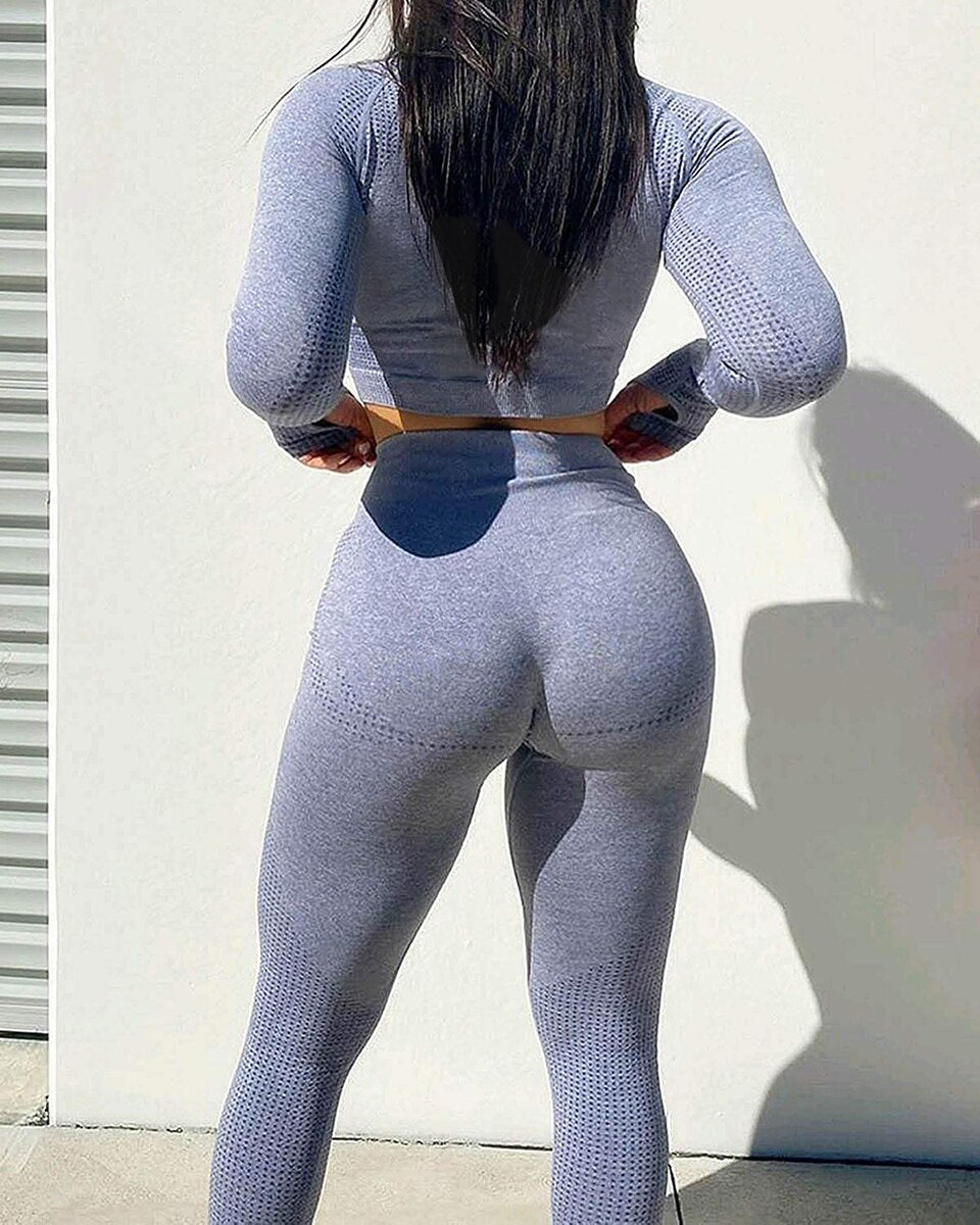 2pcs/set Women Sport Suit Yoga Set Gym Workout Clothes Long Sleeve Shirt Fitness Crop Top + High Waist Energy Seamless Leggings | Vimost Shop.