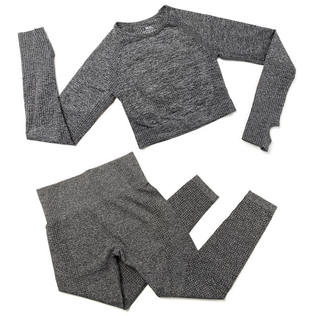 2pcs/set Women Sport Suit Yoga Set Gym Workout Clothes Long Sleeve Shirt Fitness Crop Top + High Waist Energy Seamless Leggings | Vimost Shop.