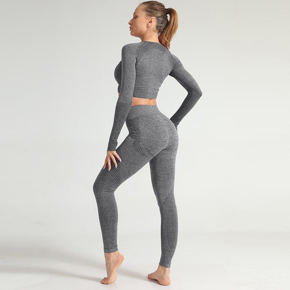 2pcs/set Women Sport Suit Yoga Set Gym Workout Clothes Long Sleeve Shirt Fitness Crop Top + High Waist Energy Seamless Leggings | Vimost Shop.