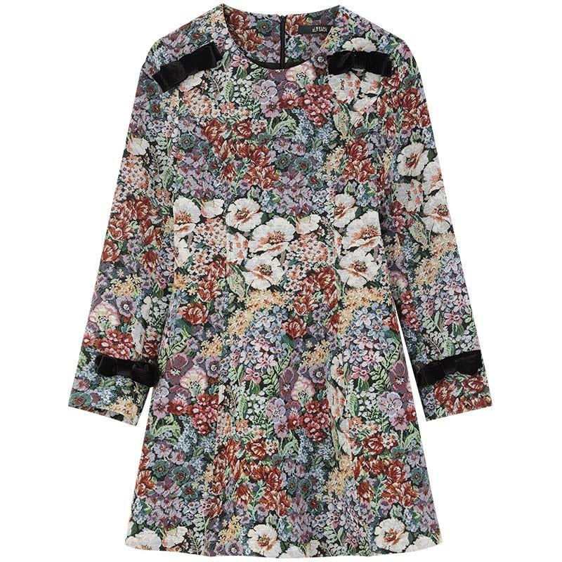 Floral Jacquard Bows Casual Women Mini Dress,Spring Vintage Contrast Lace Full Sleeve Sexy Ladies Party Dress