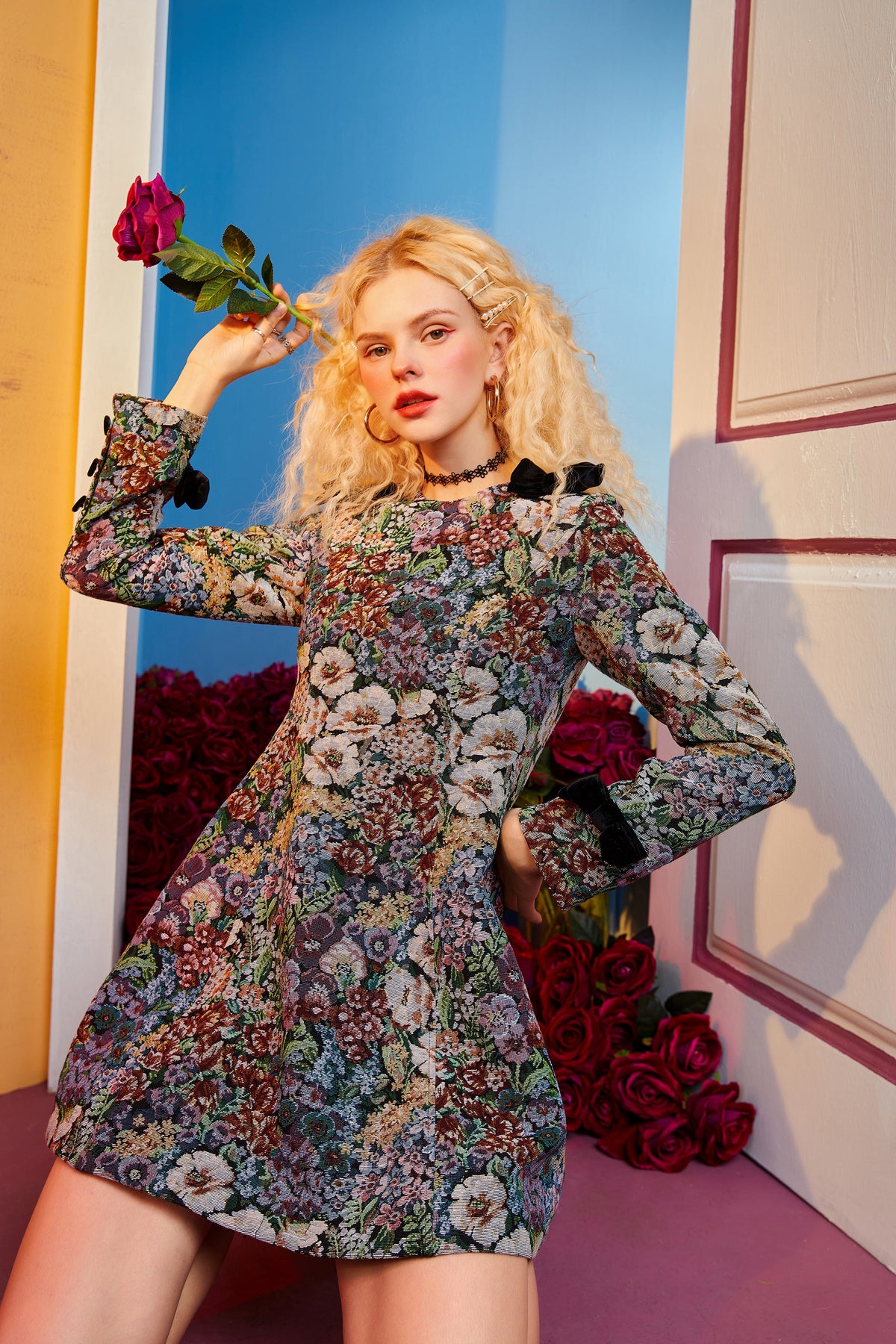 Floral Jacquard Bows Casual Women Mini Dress,Spring Vintage Contrast Lace Full Sleeve Sexy Ladies Party Dress