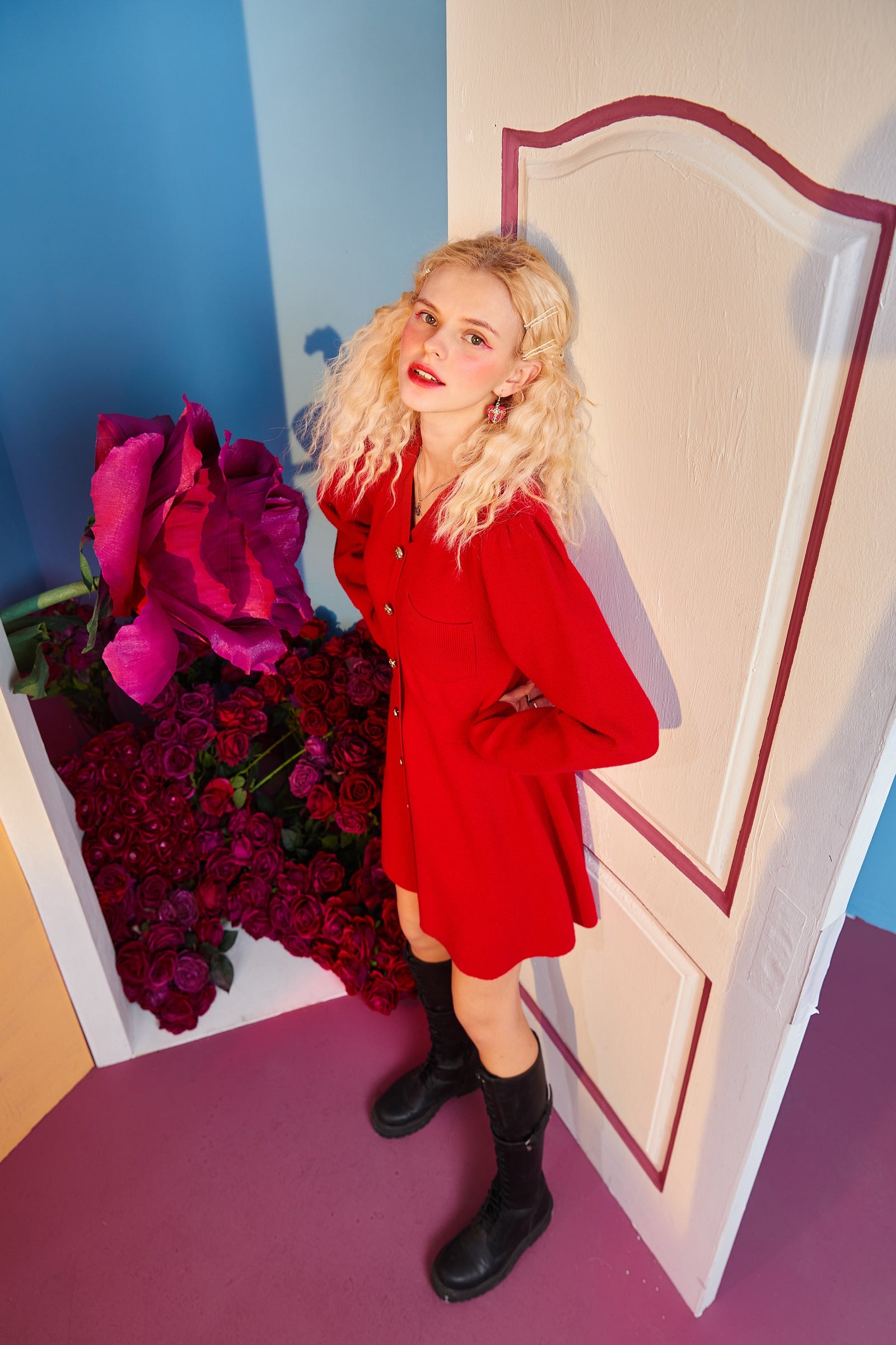 Solid Pure High Waist Casual Knit Women Mini Dress,Spring ELF Vintage Chic Button Korean Female Party Dresses