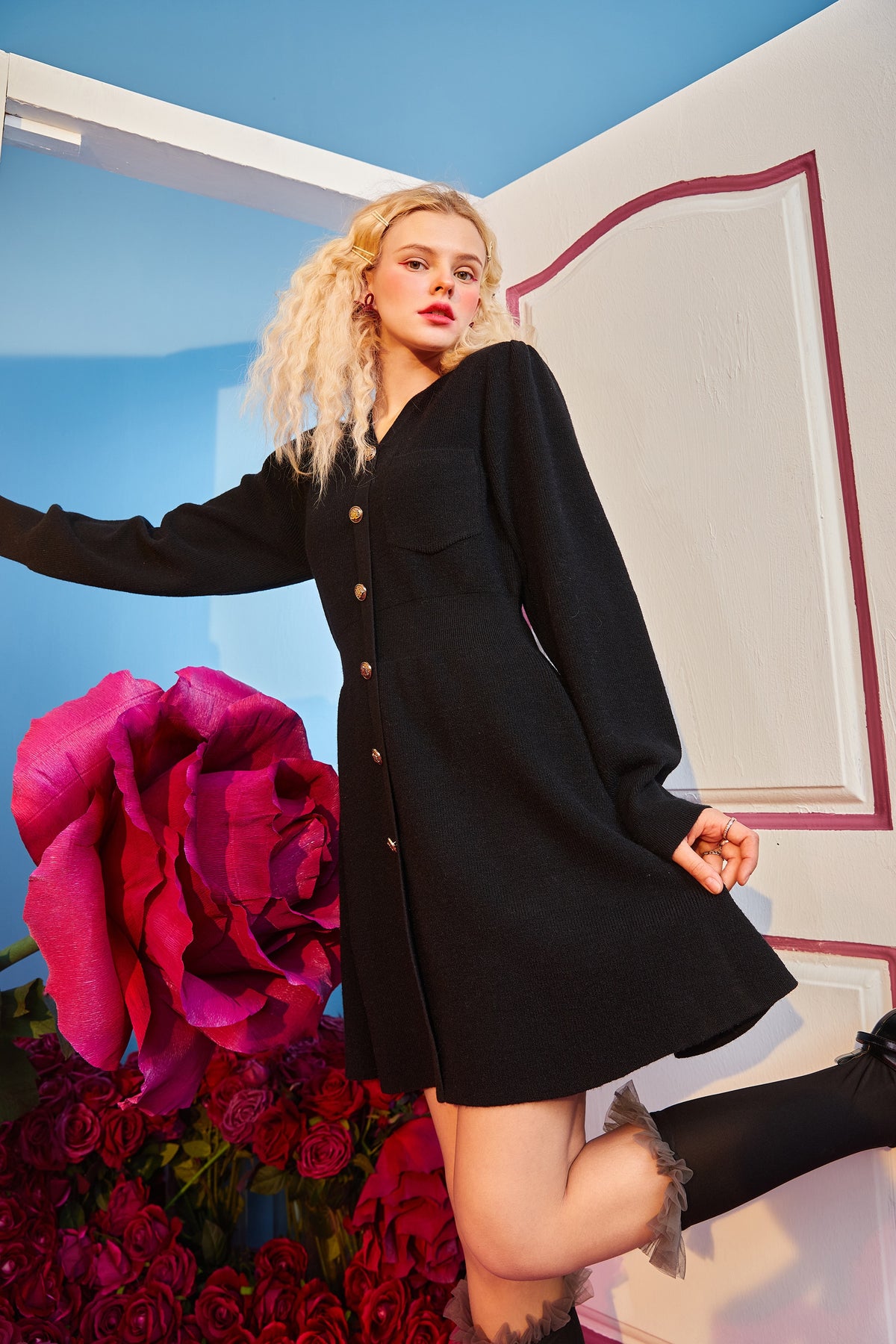 Solid Pure High Waist Casual Knit Women Mini Dress,Spring ELF Vintage Chic Button Korean Female Party Dresses