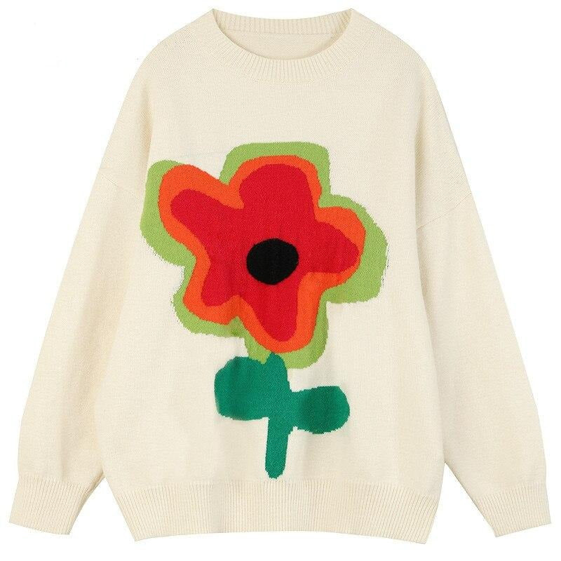 Floral Jacquard Casual Knit Pullover Women Sweaters,Winter ELF Vintage Drop Shoulder Sleeve,Korean Ladeis Daily Top