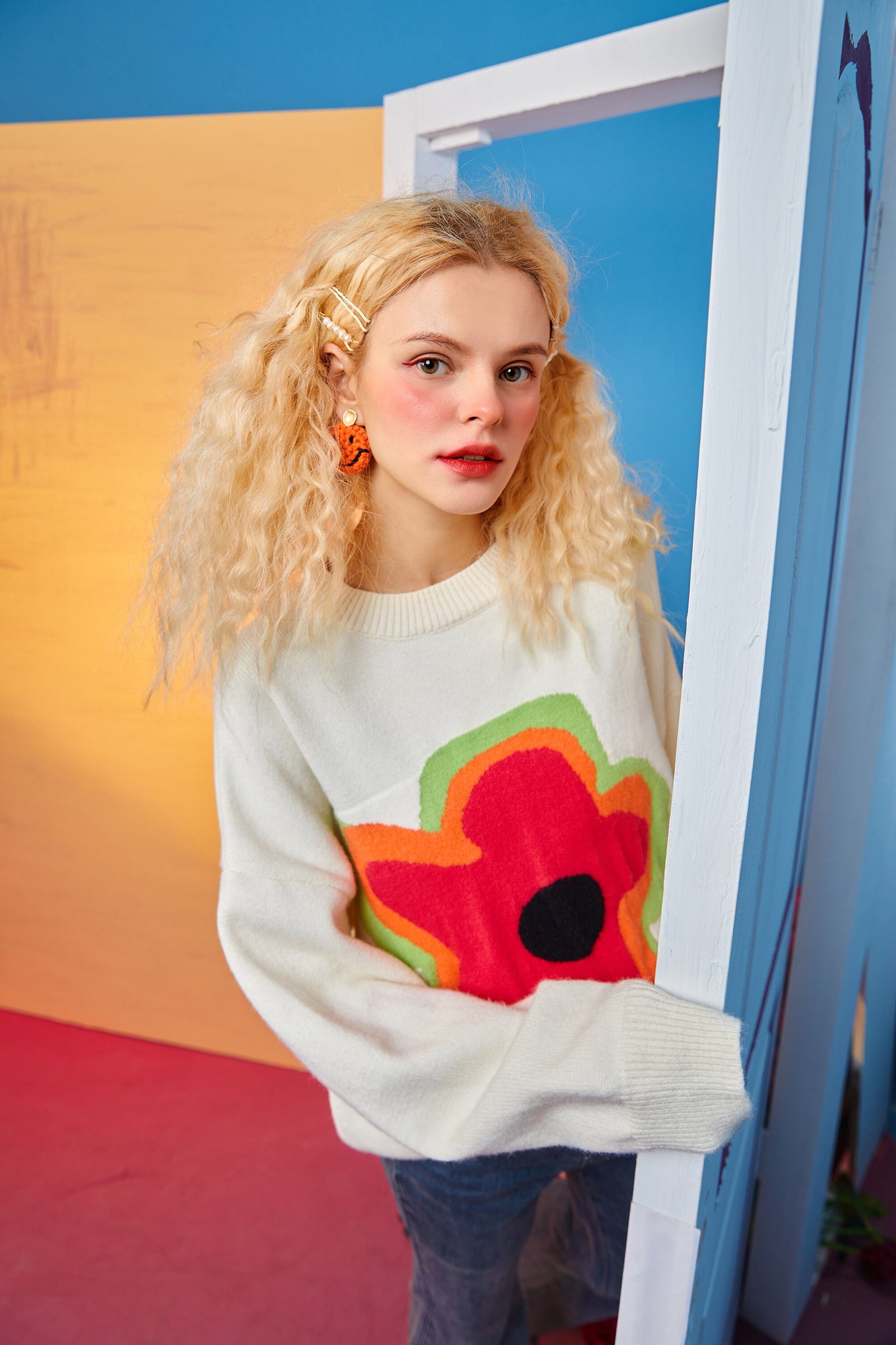 Floral Jacquard Casual Knit Pullover Women Sweaters,Winter ELF Vintage Drop Shoulder Sleeve,Korean Ladeis Daily Top