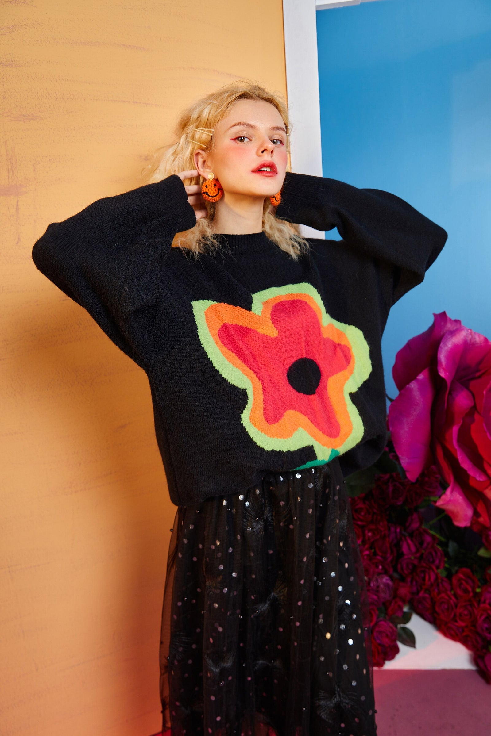 Floral Jacquard Casual Knit Pullover Women Sweaters,Winter ELF Vintage Drop Shoulder Sleeve,Korean Ladeis Daily Top