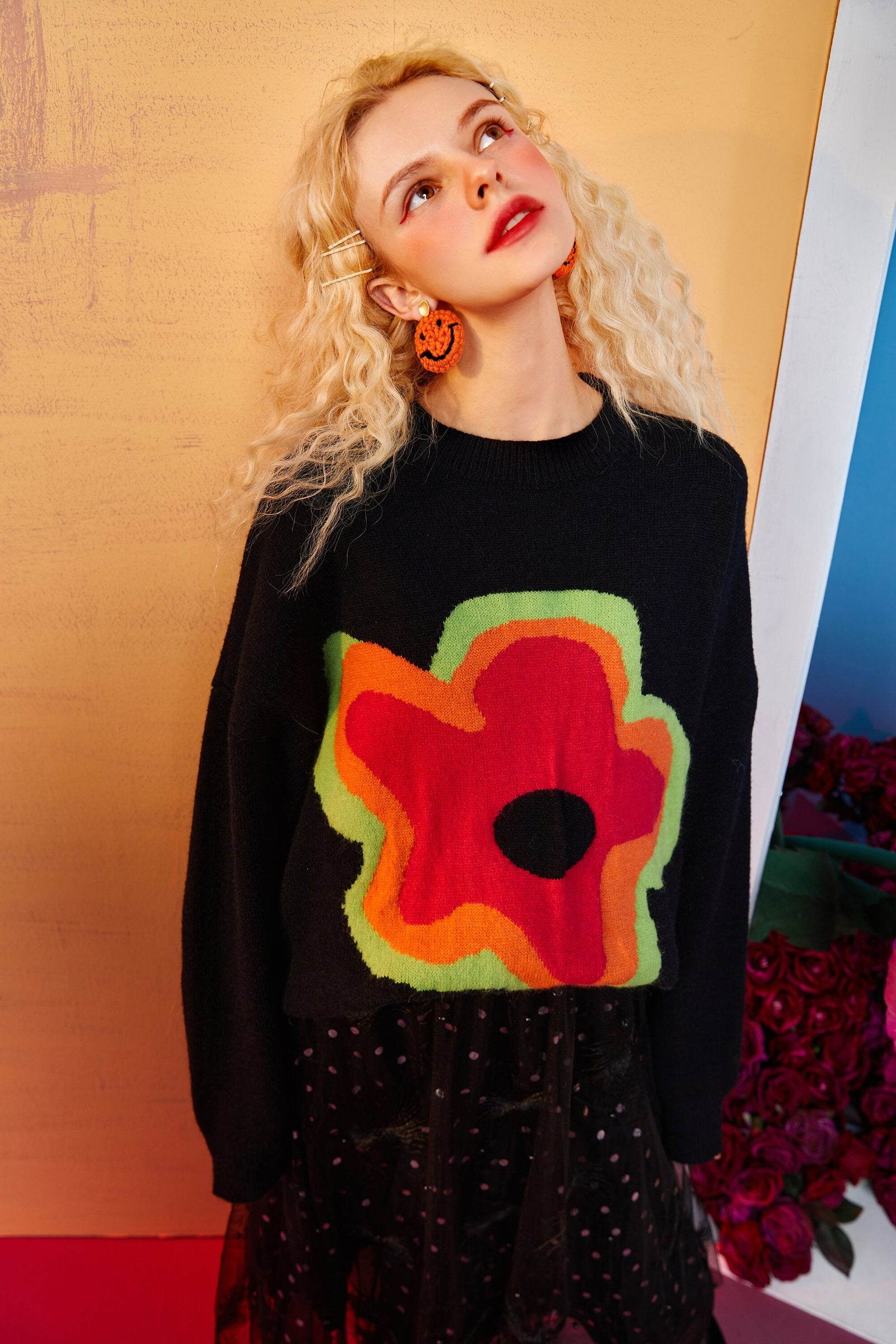 Floral Jacquard Casual Knit Pullover Women Sweaters,Winter ELF Vintage Drop Shoulder Sleeve,Korean Ladeis Daily Top