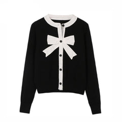 Sweet Cardigan Female Black White Color Block Bow Patchwork O-neck Single Breasted Knitted Sweater Women sueter mujer