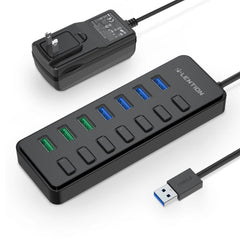 7 Ports USB 3.0 Hub Splitter with 4 Port USB Hub + 3 USB Fast Charging Port, 36W (12V/3A) Power Adapter and Individual On/Off