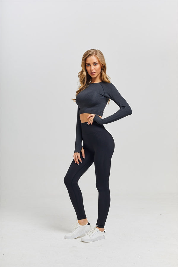 Women Seamless Yoga Set Fitness Sports Suits Gym Clothing Long Sleeve Crop Top Shirts High Waist Running Leggings Workout Pants