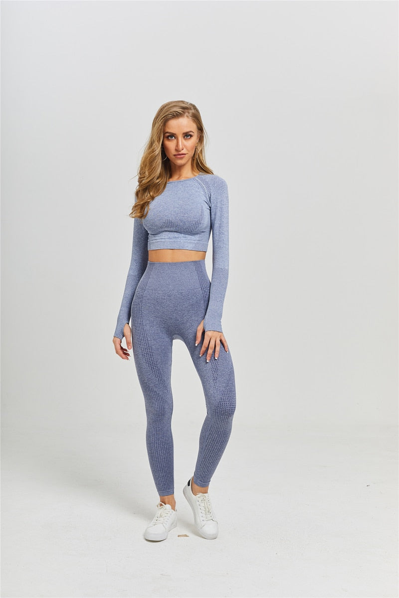 Women Seamless Yoga Set Fitness Sports Suits Gym Clothing Long Sleeve Crop Top Shirts High Waist Running Leggings Workout Pants