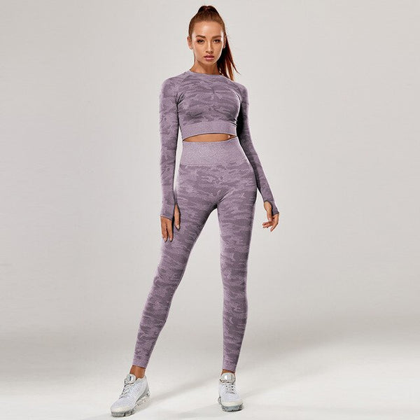 Yoga Set 2 Piece Sport Outfits Gym Activewear Long Sleeve Crop Top + Yoga Pants Running Leggings Suits Workout Tracksuits | Vimost Shop.