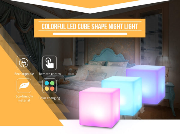 Rechargeable LED Cube Shape Night Light With Remote Control For Bedroom 7 Colors Changing USB Night Light Built-In Battery | Vimost Shop.