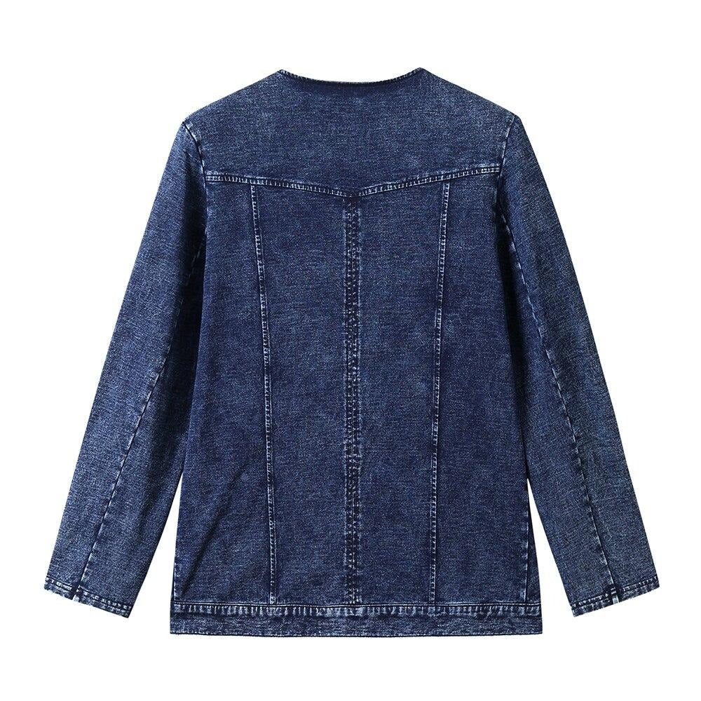 Women's Plus Size Autumn Casual Denim Jacket High Flexibility Cotton Knitted Denim Jacket