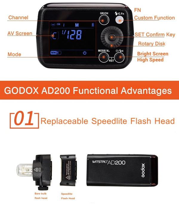 Godox AD200 200Ws 2.4G TTL Flash Strobe 1/8000 HSS Cordless Monolight with Cover 500 Full Power Shots and Recycle in 0.01-2.1Sec | Vimost Shop.