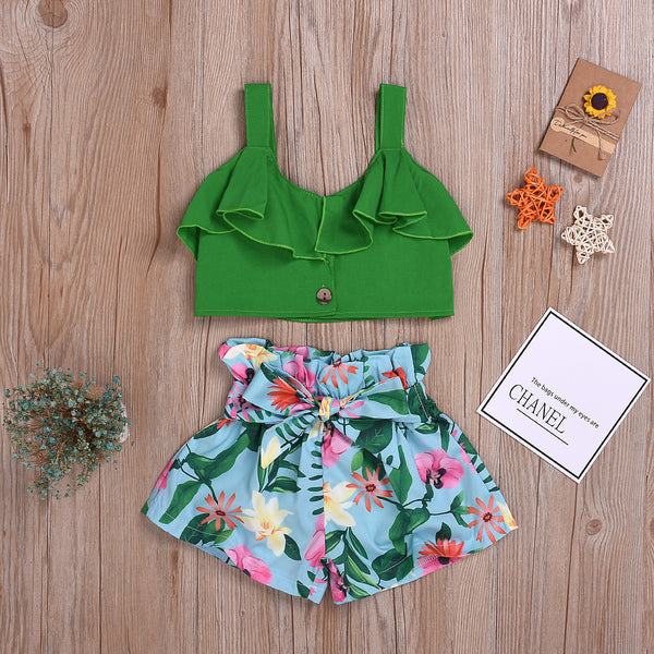 Summer Girls Clothing Set Green Short Style Vest Floral Shorts 2pcs Toddler Children Outfits 1 2 3 4 5 6 Year Kids Suits | Vimost Shop.